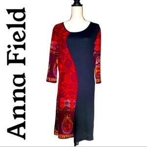 Printed Matryoshka nesting Russian dolls long sleeves black red sweater dress XL